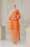 Woman wearing a Kebaya Orange Silver showing songket floral pattern and fit traditional outfit with a pearl white shawl hijab in a decorative room.