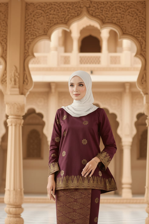 Vew Kurung Kedah Dark Maroon Gold highlighting long straight sleeve and silhouette