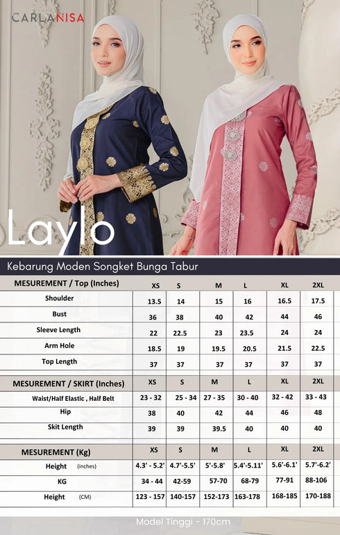 Size chart Kebaya Magenta Silver showing available sizes XS S M L XL XXL