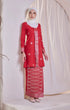 Model wearing Kebaya Red Chilli Silver displaying overall styling and drape with shawl hijab against a white background