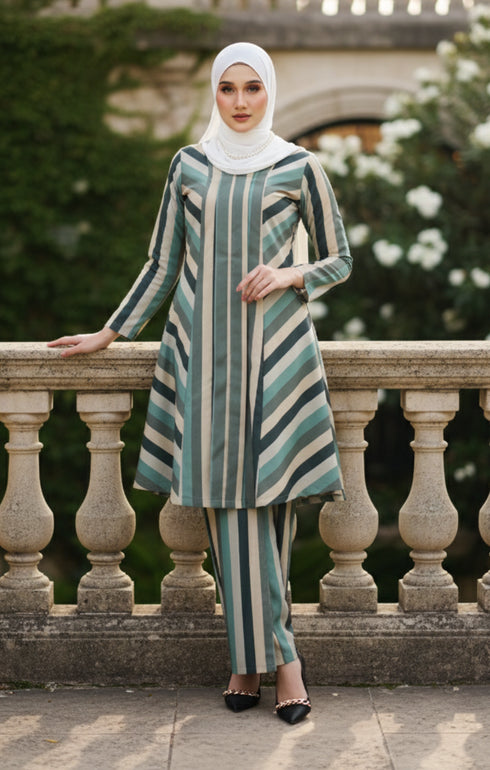 Front view Liyana 2.0 Kebarung Linen Dusty Green Stripe showing classic kebarung design and fit
