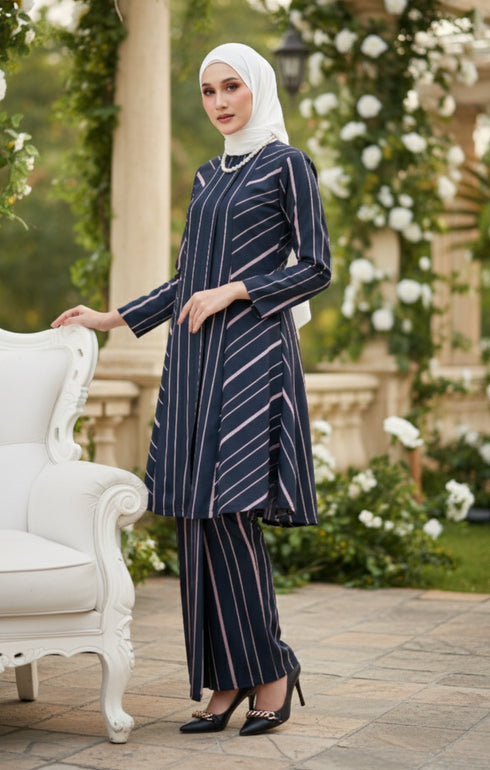 Side view Model wearing Liyana 2.0 Kebarung Linen Blue Black Stripe D5-1 highlighting sleeve and standard fit