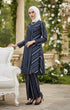 Side view Model wearing Liyana 2.0 Kebarung Linen Blue Black Stripe D5-1 highlighting sleeve and standard fit