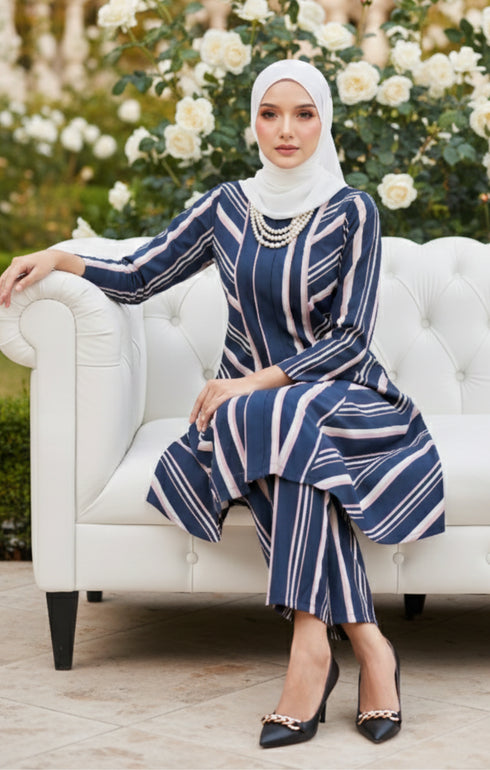Stylish fabric close up Liyana 2.0 Kebarung Linen Blue Black Stripe showing cotton linen texture and digital print