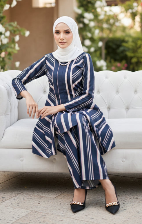 Fabric close up Liyana 2.0 Kebarung Linen Blue Black Stripe showing cotton linen texture and digital print
