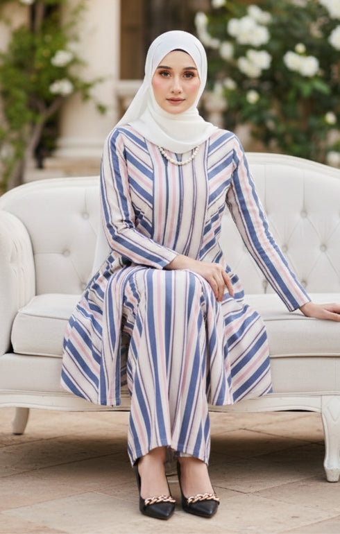 Front view Liyana 2.0 Kebarung Linen Dusty Blue White showing classic kebarung silhouette