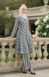 Model wearing Liyana 2.0 Kebarung Linen Navy Blue Stripe D3‑2 displaying overall styling and drape