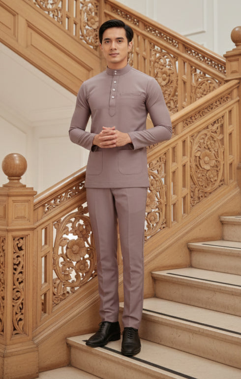 Model wearing Naufal Baju Melayu Cekak Musang Smokey Purple showing full outfit and fit