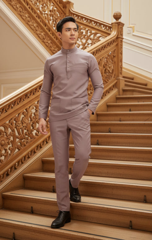 Model wearing Naufal Baju Melayu Cekak Musang Smokey Purple showing full outfit