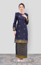 Riza 2.0 Kurung Moden Blue Black Gold front view on model