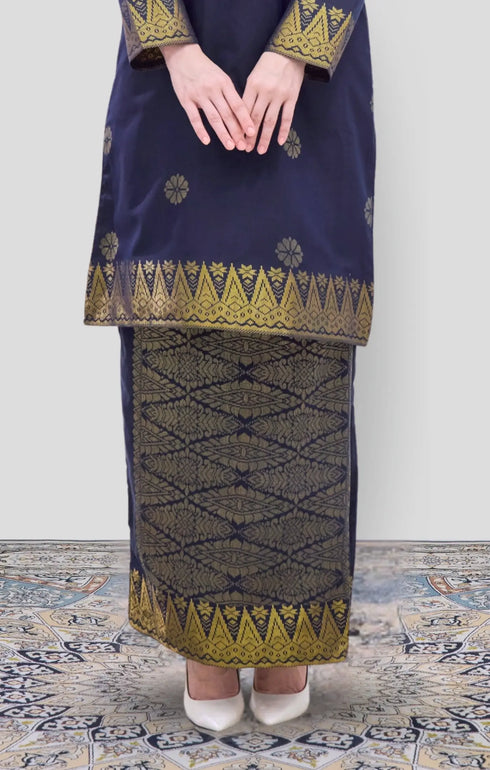 Riza 2.0 Kurung Moden Blue Black Gold close-up songket detailing