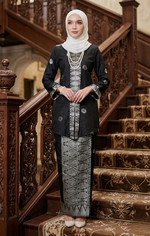 Front view Seroja Kebaya Black Silver showing kebaya moden songket design and fit