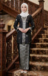 Front view Seroja Kebaya Black Silver showing kebaya moden songket design and fit