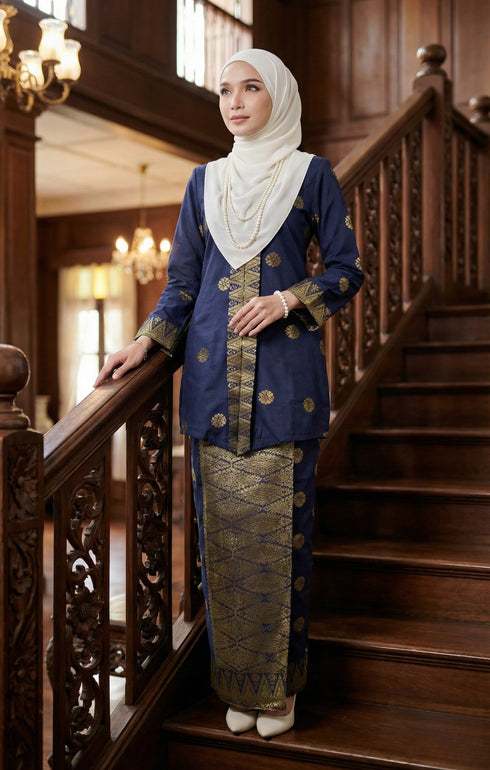 Side view Seroja Kebaya Blue Black Gold highlighting long straight sleeve and silhouette