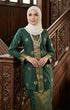 Fabric close up Seroja Kebaya Dark Emerald Green Gold showing songket woven texture and gold detailing