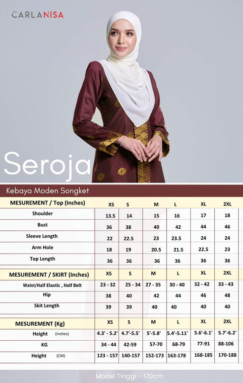 Woman wearing a maroon kebaya with a measurement chart sizes XS S M L XL 2XL