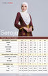 Woman wearing a maroon kebaya with a measurement chart sizes XS S M L XL 2XL