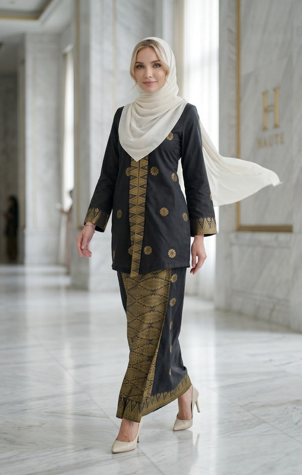 woman wearing Kebaya Kurung Moden Songket Black Gold full outfit with songket kepala border kain