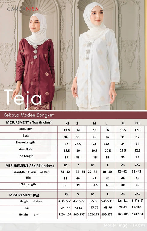 teja kebaya moden songket size chart