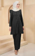 Kurung Riau Plain Black styling shot showing shoulder puff and long straight sleeves