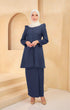 Kurung Riau Plain Navy Blue styling shot showing shoulder puff and long straight sleeves