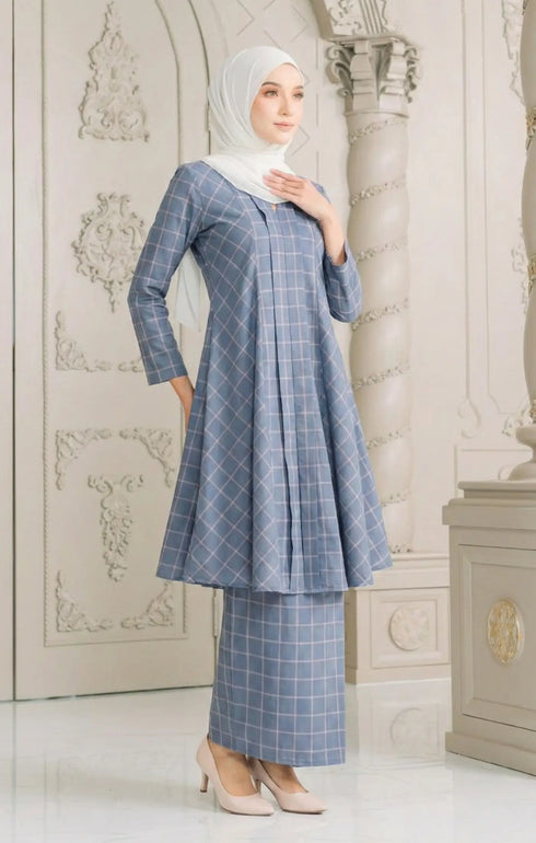 Front view Aruna Kebarung Linen Ash Blue Check D4-6 showing classic long kebarung design