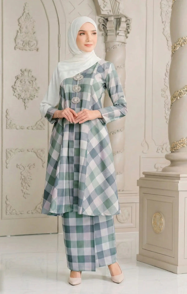 Front view Aruna Kebarung Linen Dusty Green Check D6-2 showing classic long kebarung design