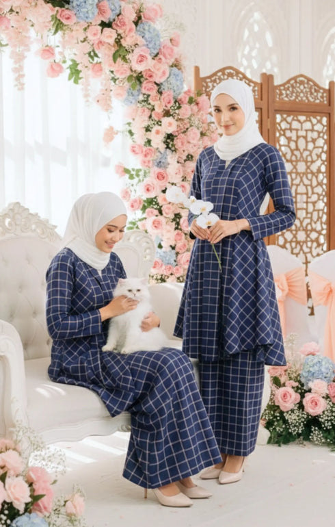 Model wearing Aruna Kebarung Linen Navy Blue Check D4‑3 displaying overall drape and styling