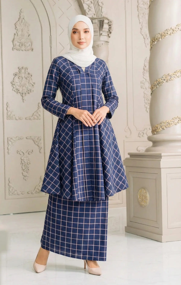 Front view Aruna Kebarung Linen Navy Blue Check D4‑3 showing classic long kebarung design