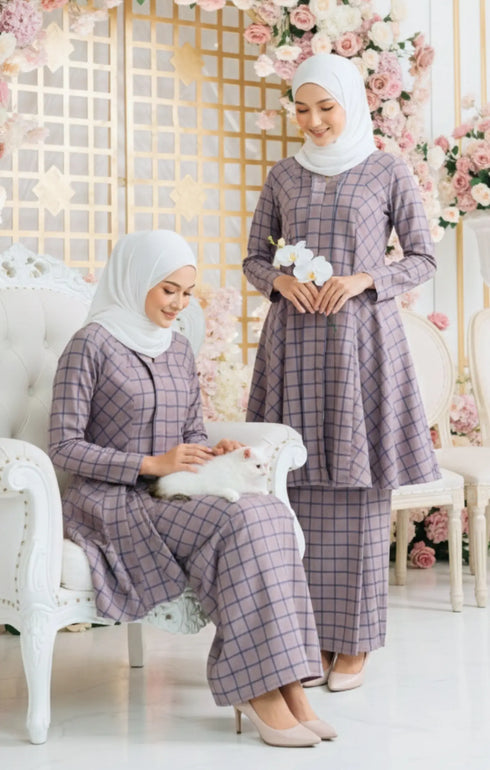Model wearing Aruna Kebarung Linen Smokey Purple Check D4‑2 displaying overall drape and styling