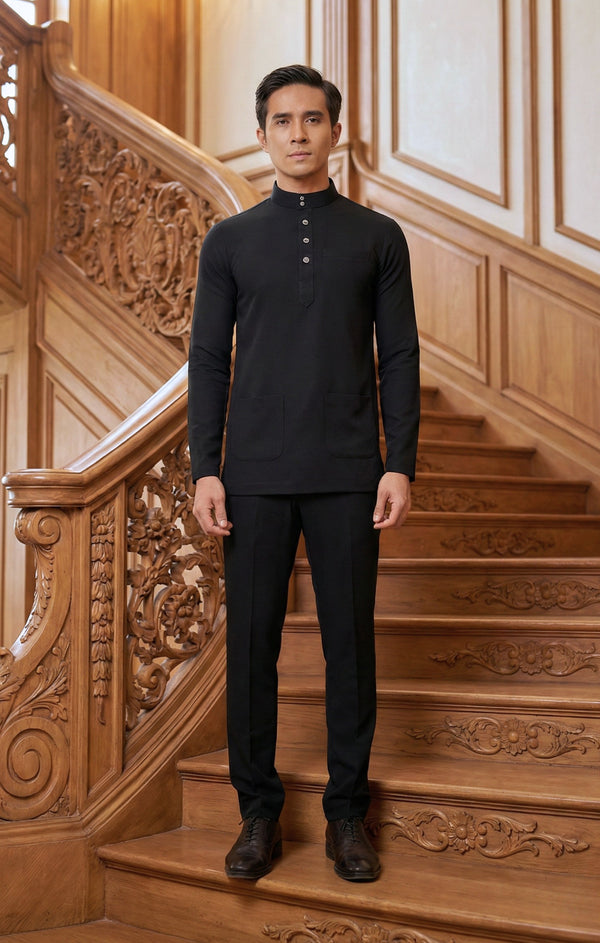 Naufal Baju Melayu Cekak Musang Black front view showing band collar and button details