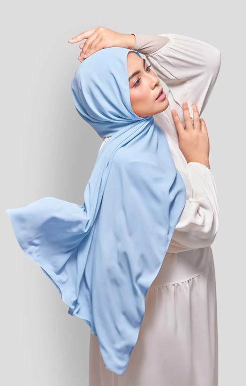 Royal Satin Shawl Plain Hijab Baby Blue front drape view showing full length and smooth satin fabric
