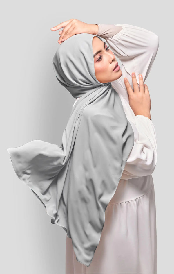 Royal Satin Shawl Plain Hijab Grey front drape view showing full length and smooth satin fabric with white blouse against a gray background