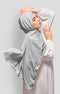 Royal Satin Shawl Plain Hijab Grey front drape view showing full length and smooth satin fabric with white blouse against a gray background