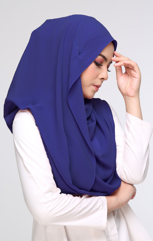 Semi Instant Shawl Plain Royal Blue front drape view showing full length and heavy chiffon texture