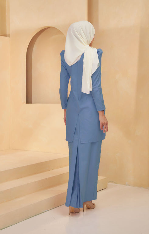 Kurung Moden Plain Dusty Blue back view showing back zip and backside cut