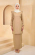 Kurung Moden Plain Khaki front view on model showing round neck and puff shoulder