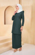 Kurung Moden Plain Dark Emerald Green styling shot showing long straight sleeves on model