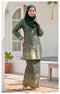 Kurung Moden Emerald Green front view model wearing dyed brocade round neck design