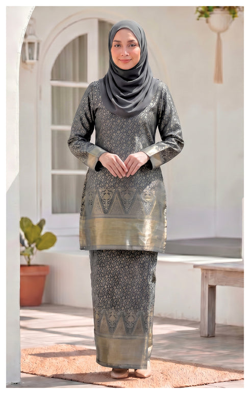 woman wearing Kurung Moden Grey brocade front view round neck design