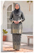 woman wearing Kurung Moden Grey brocade front view round neck design