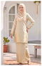 woman wearing Kurung Moden Off White brocade front view round neck design