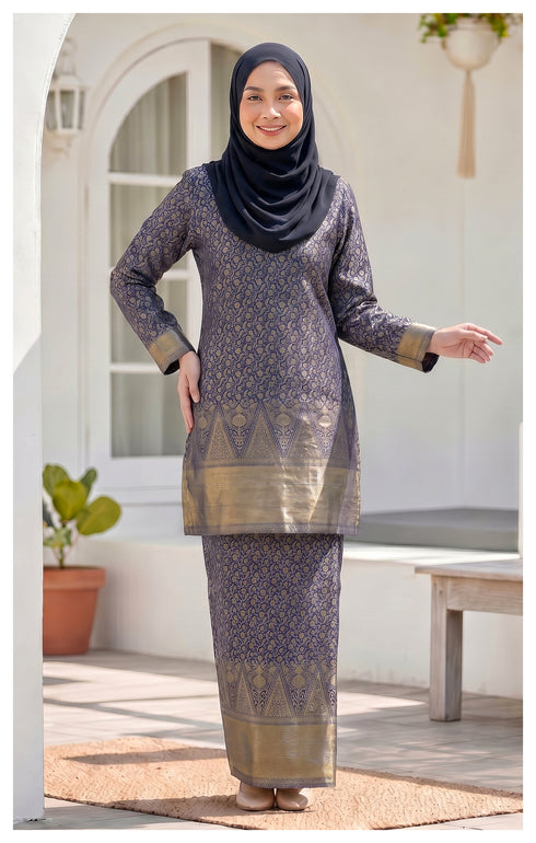 woman wearing Kurung Moden Navy Blue brocade front view round neck design