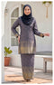 woman wearing Kurung Moden Navy Blue brocade front view round neck design