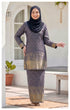 woman wearing Kurung Moden Navy Blue brocade front view round neck design