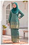 Woman wearing traditional Kurung Moden Teal Green full outfit view with lipat depan kain and lining